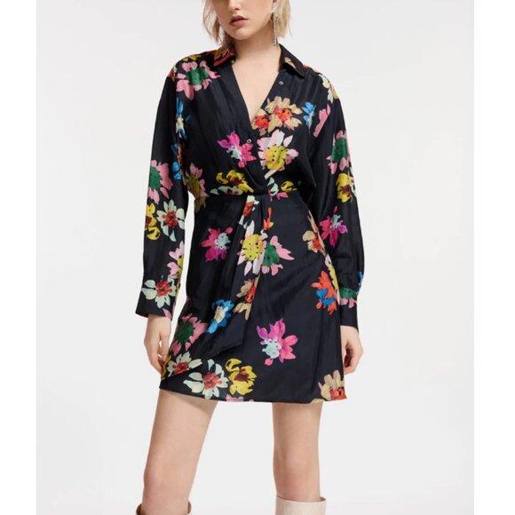 Essentiel Antwerp Women's Black Floral Dropped Shoulder Eberry Wrap Mini Dress - Picture 3 of 7